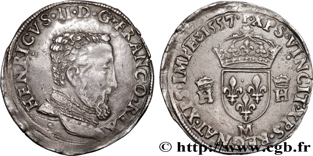 HENRY II Teston à la tête nue, 5e type 1557 Toulouse fVZ/VZ