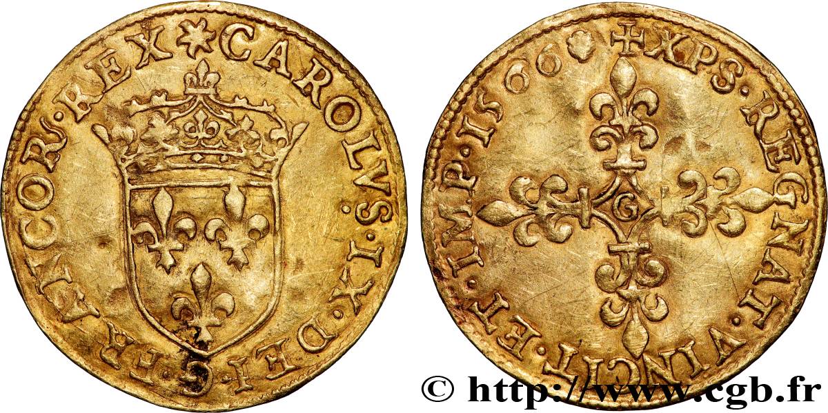 CHARLES IX Écu d or au soleil, 1er type 1566 Poitiers TTB