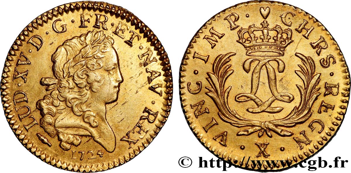 LOUIS XV THE BELOVED Louis d or aux deux L entrelacées et aux palmes longues 1724 Amiens AU