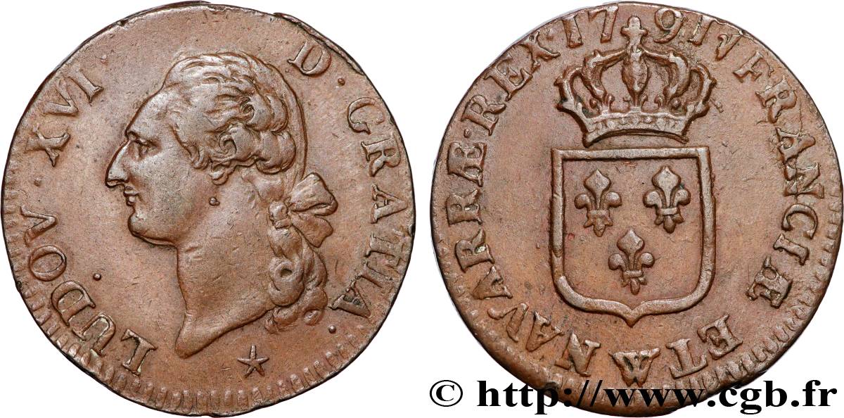 LOUIS XVI Sol dit  à l écu  1791 Lille AU/AU