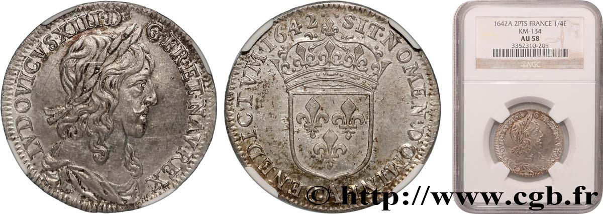 LOUIS XIII Quart d écu, buste drapé (1er buste de Jean Warin) 1642 Paris, Monnaie du Louvre AU58