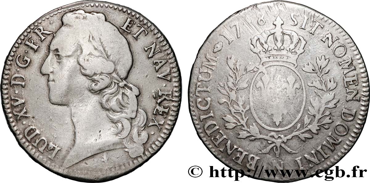 LOUIS XV THE BELOVED Écu aux branches d’olivier, tête ceinte d’un bandeau 1748 Montpellier VF/VF
