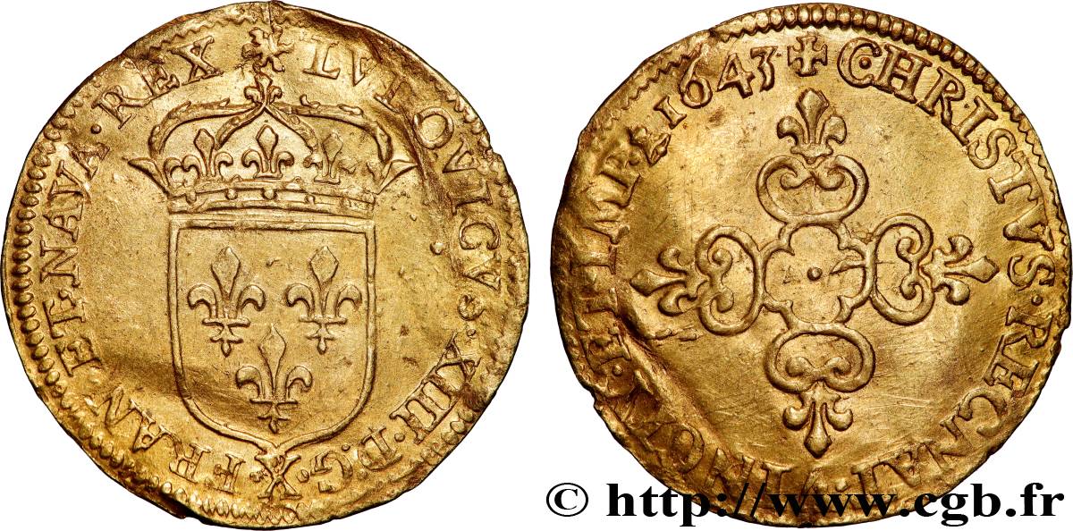 LOUIS XIII Écu d or au soleil, à la croix anillée fleurdelisée 1643 Amiens XF
