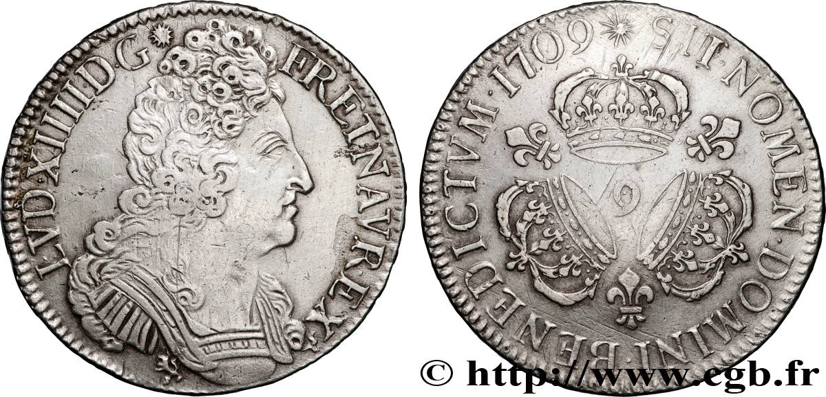 LOUIS XIV LE GRAND OU LE ROI SOLEIL Écu aux trois couronnes 1709 Rennes TTB