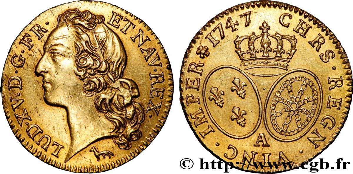 LOUIS XV  THE WELL-BELOVED  Louis d’or aux écus ovales, tête ceinte d’un bandeau 1747 Paris AU