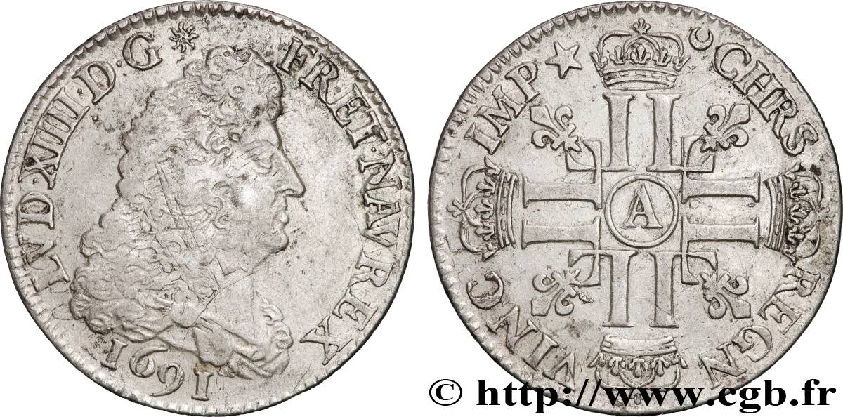 LOUIS XIV  THE SUN KING  Quart d écu aux huit L, 1er type 1691 Paris XF