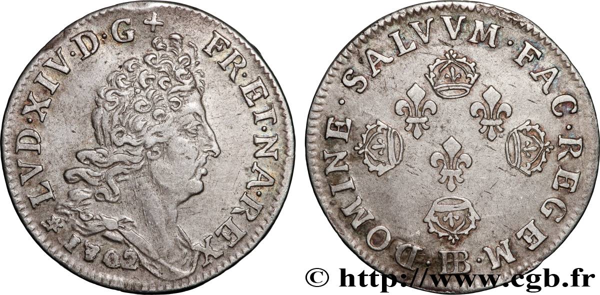 LOUIS XIV LE GRAND OU LE ROI SOLEIL Onze sols aux quatre couronnes 1702 Strasbourg TTB/TTB+