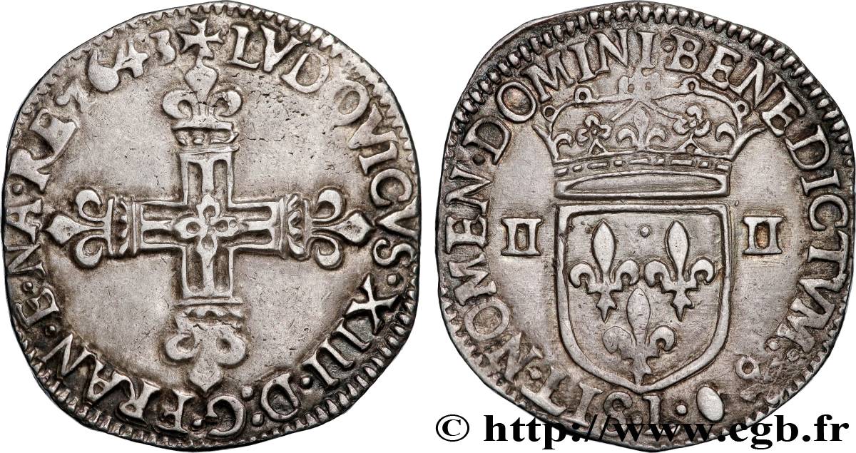 LOUIS XIII LE JUSTE Quart d écu, à la croix fleurdelisée, titulature côté croix 1643 Bayonne TTB+