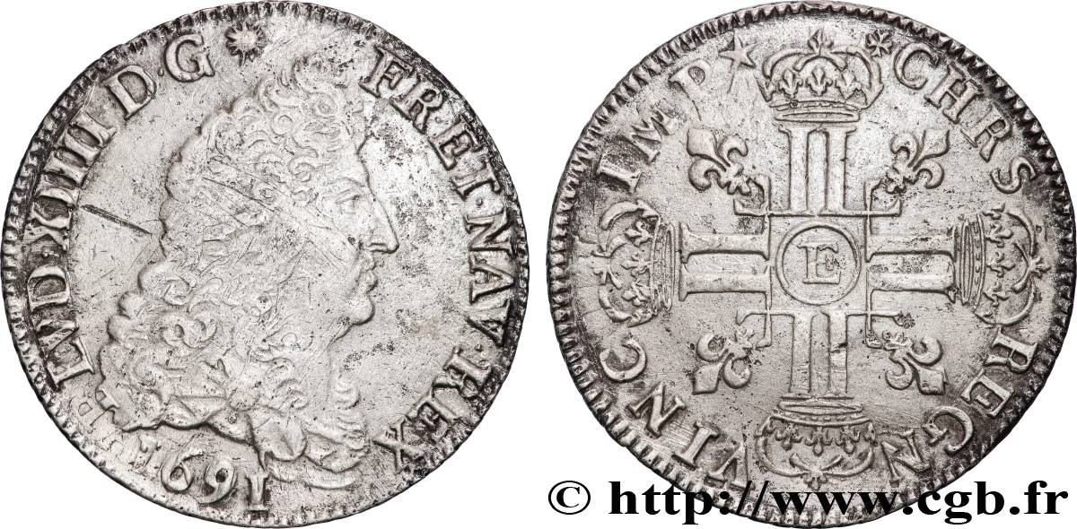 LOUIS XIV  THE SUN KING  Quart d écu aux huit L, 1er type 1691 Tours XF/AU