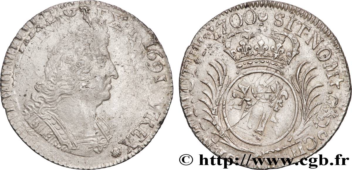 LOUIS XIV  THE SUN KING  Quart d écu aux palmes 1700 Paris XF/AU