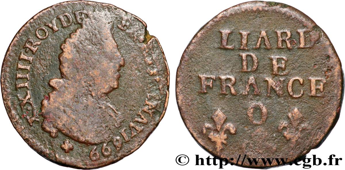 LOUIS XIV  THE SUN KING  Liard, 3e type, buste âgé 1699 Riom VF/VF