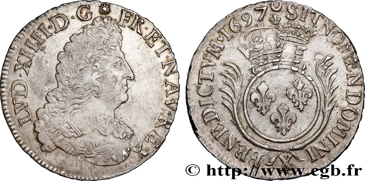 LOUIS XIV  THE SUN KING  Demi-écu aux palmes 1697 Amiens AU