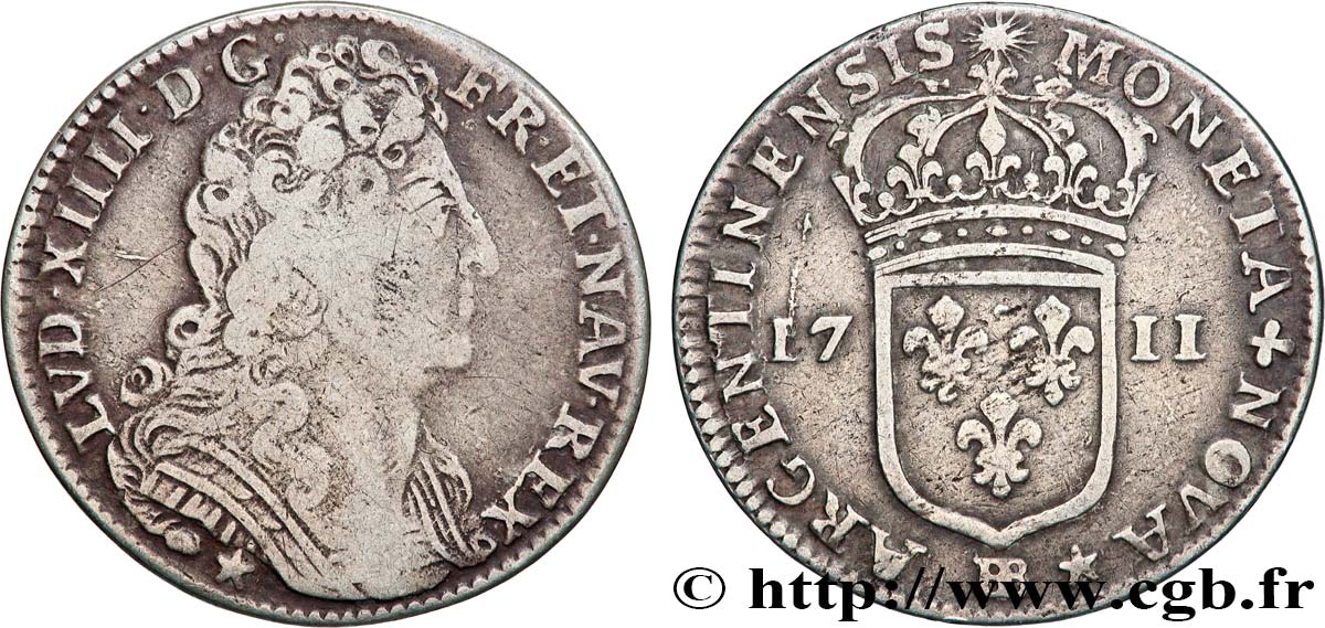 LOUIS XIV LE GRAND OU LE ROI SOLEIL Vingt-deux sols 1711 Strasbourg TTB