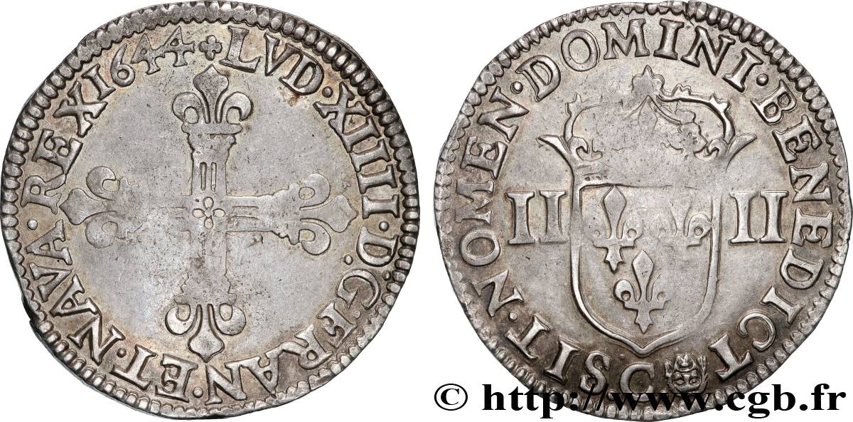 LOUIS XIV  THE SUN KING  Quart d écu, titulature côté croix 1644 Saint-Lô AU