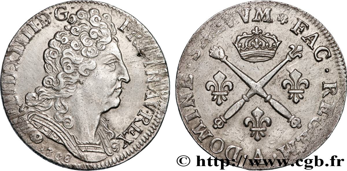 LOUIS XIV LE GRAND OU LE ROI SOLEIL 20 sols aux insignes 1708 Paris TTB+