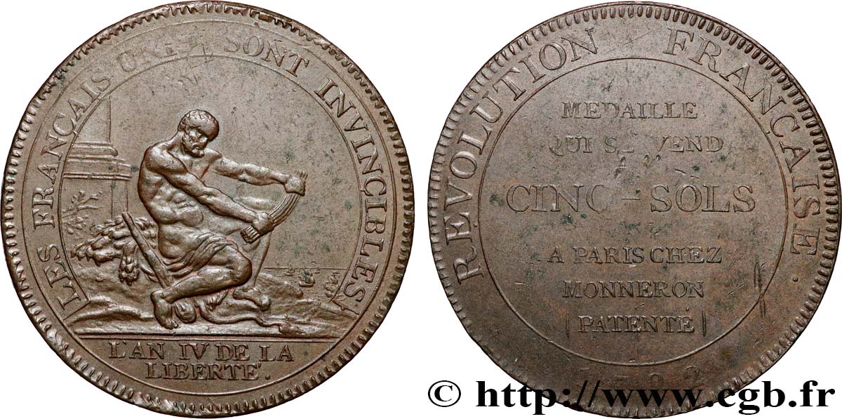 REVOLUTION COINAGE / CONFIANCE (MONNAIES DE…) Monneron de 5 sols à l Hercule 1792  AU/XF