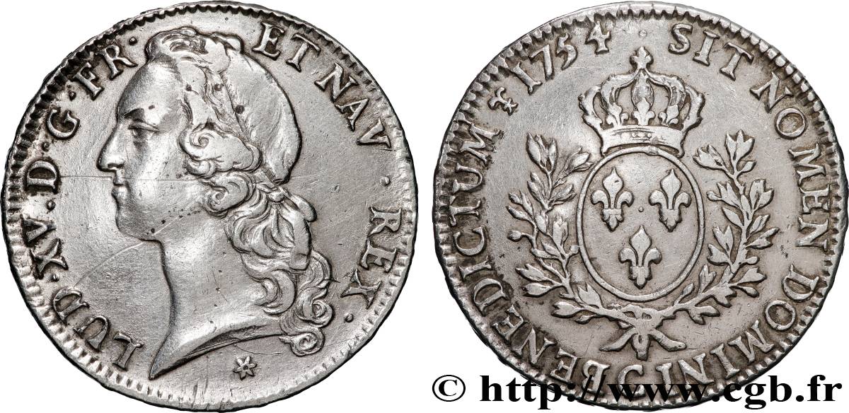 LOUIS XV  THE WELL-BELOVED  Écu aux branches d’olivier, tête ceinte d’un bandeau 1754 Caen MBC