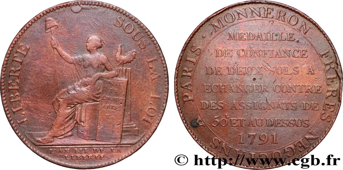 CONFIANCE (MONNAIES DE...) Monneron de 2 sols à la Liberté 1791 Birmingham, Soho TTB
