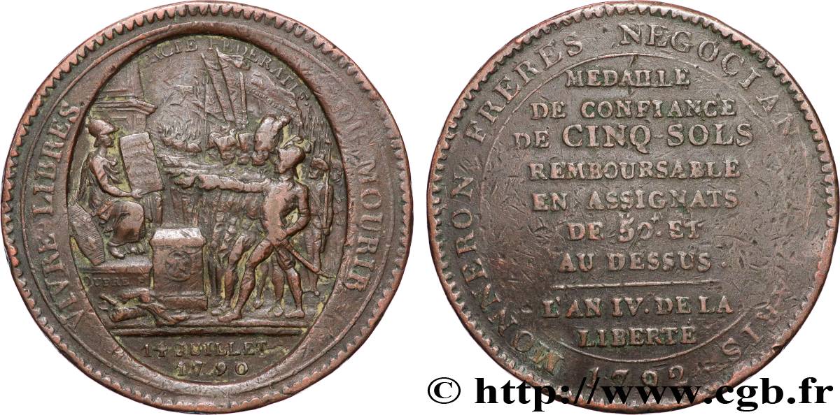 REVOLUTION COINAGE Monneron de 5 sols au serment (An IV), 3e type 1792 Birmingham, Soho BC/BC+