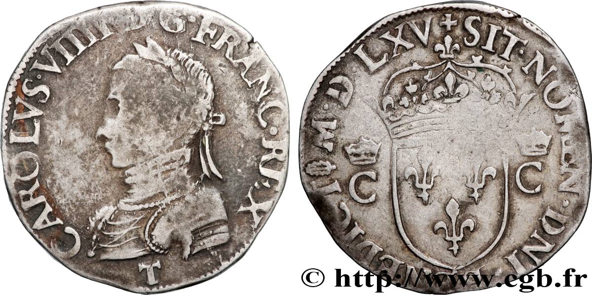 CHARLES IX Teston, 5e type 1565 Nantes TB/TB+