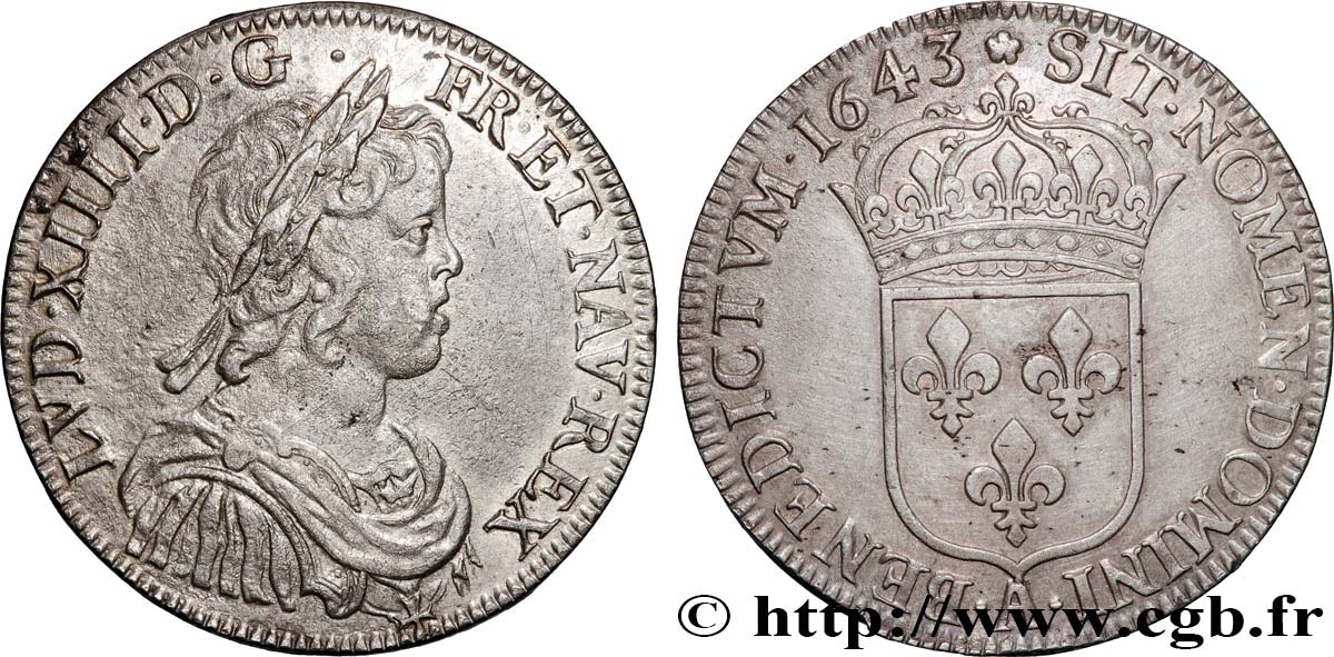 LOUIS XIV  THE SUN KING  Demi-écu, portrait à la mèche courte 1643 Paris, Monnaie de Matignon AU