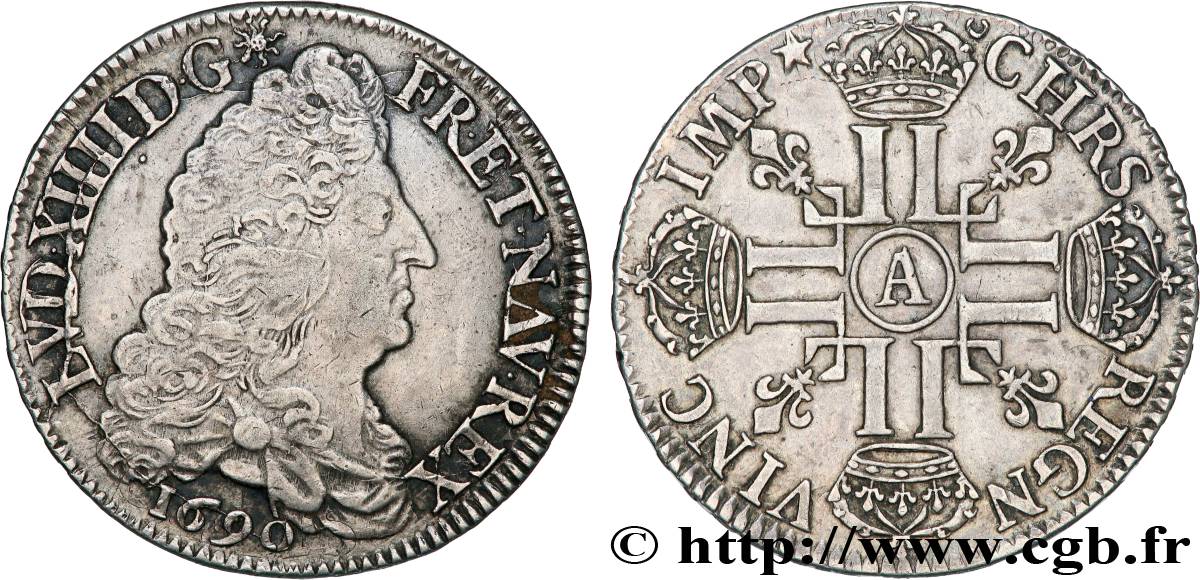 LOUIS XIV LE GRAND OU LE ROI SOLEIL Demi-écu aux huit L, 1er type 1690 Paris TTB/TTB+