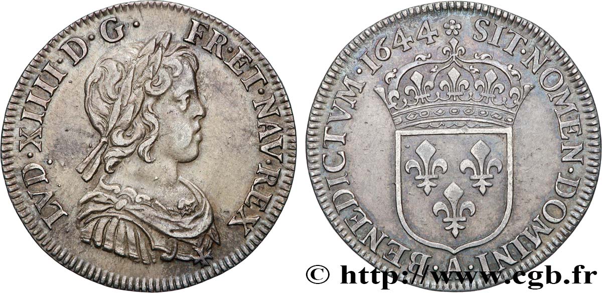 LOUIS XIV  THE SUN KING  Quart d écu, portrait à la mèche courte 1644 Paris, Monnaie de Matignon fVZ