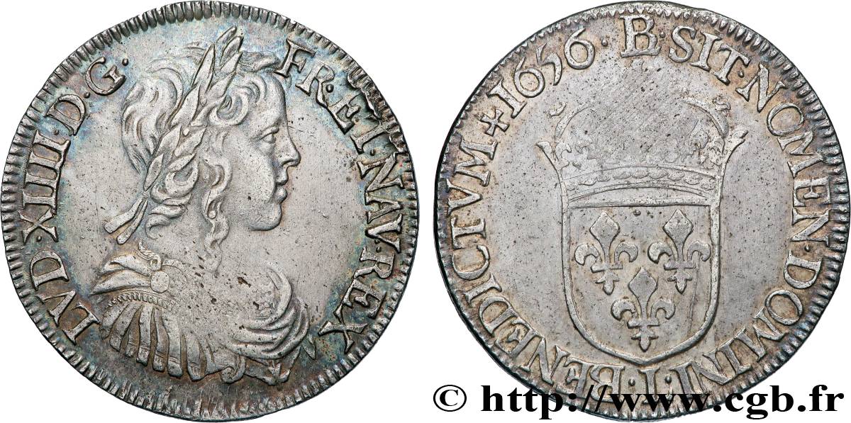 LOUIS XIV LE GRAND OU LE ROI SOLEIL Demi-écu, portrait à la mèche longue 1656 Bayonne TTB