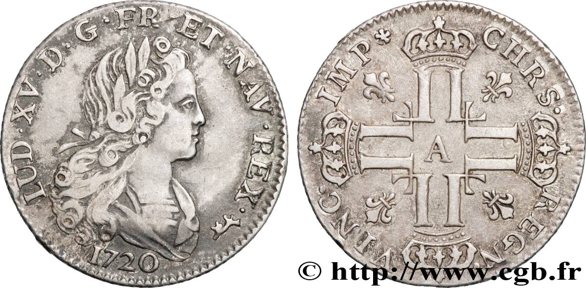 LOUIS XV THE BELOVED Louis d’argent à la croix aux huit L couronnées 1720 Paris AU