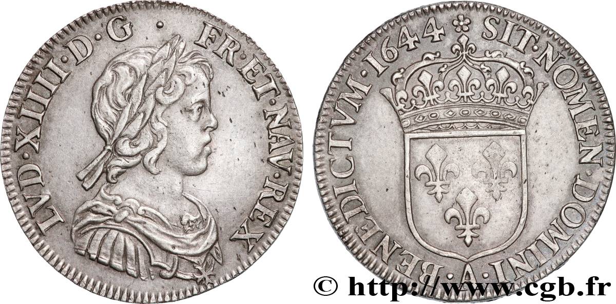 LOUIS XIV  THE SUN KING  Quart d écu, portrait à la mèche courte 1644 Paris, Monnaie de Matignon AU/AU