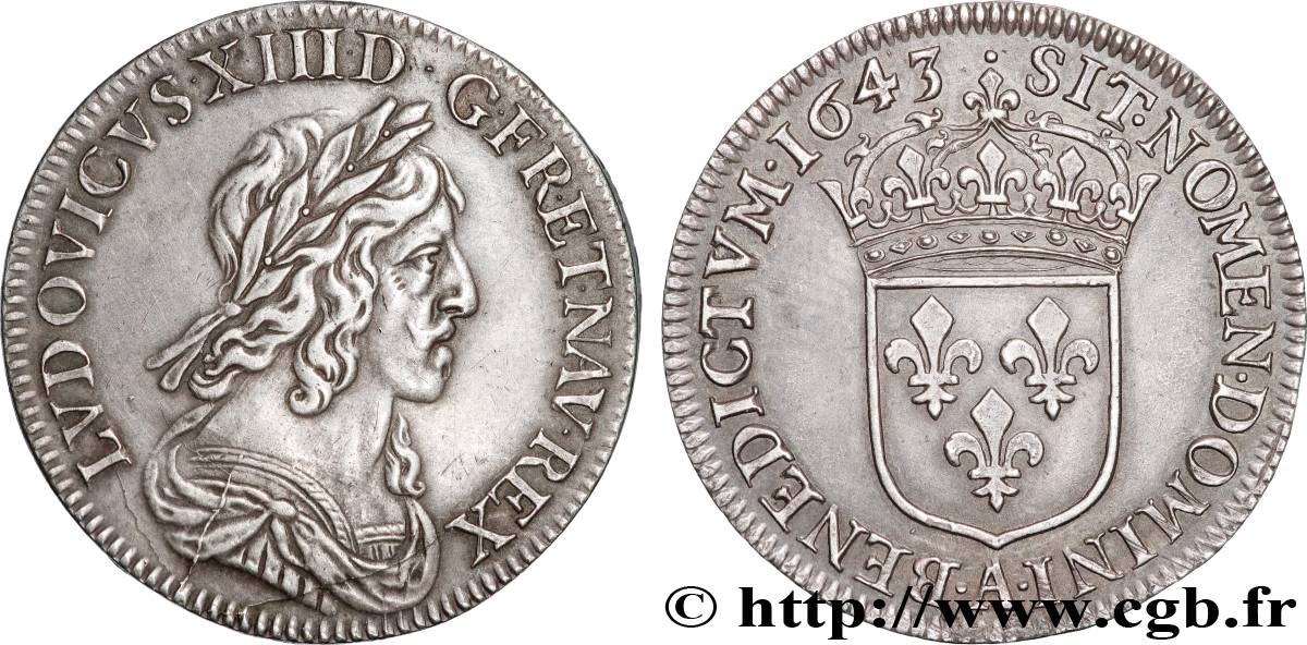 LOUIS XIII Quart d écu, buste drapé et cuirassé (2e buste de Jean Warin) 1643 Paris, Monnaie du Louvre AU/AU