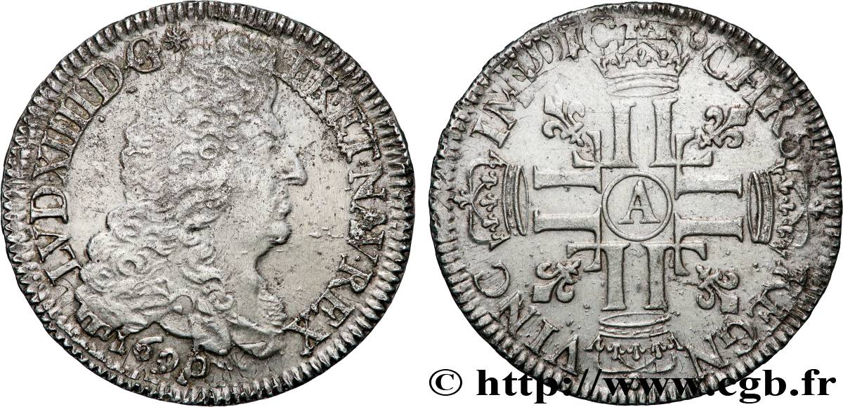 LOUIS XIV  THE SUN KING  Demi-écu aux huit L, 1er type 1690 Paris XF