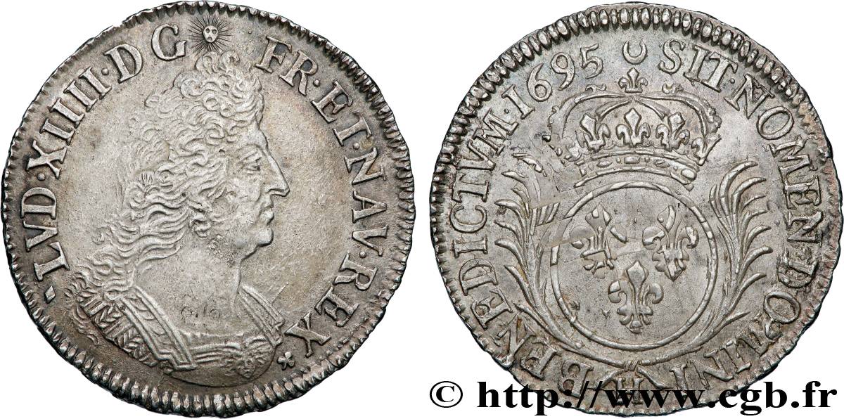 LOUIS XIV  THE SUN KING  Demi-écu aux palmes 1695 La Rochelle AU/XF