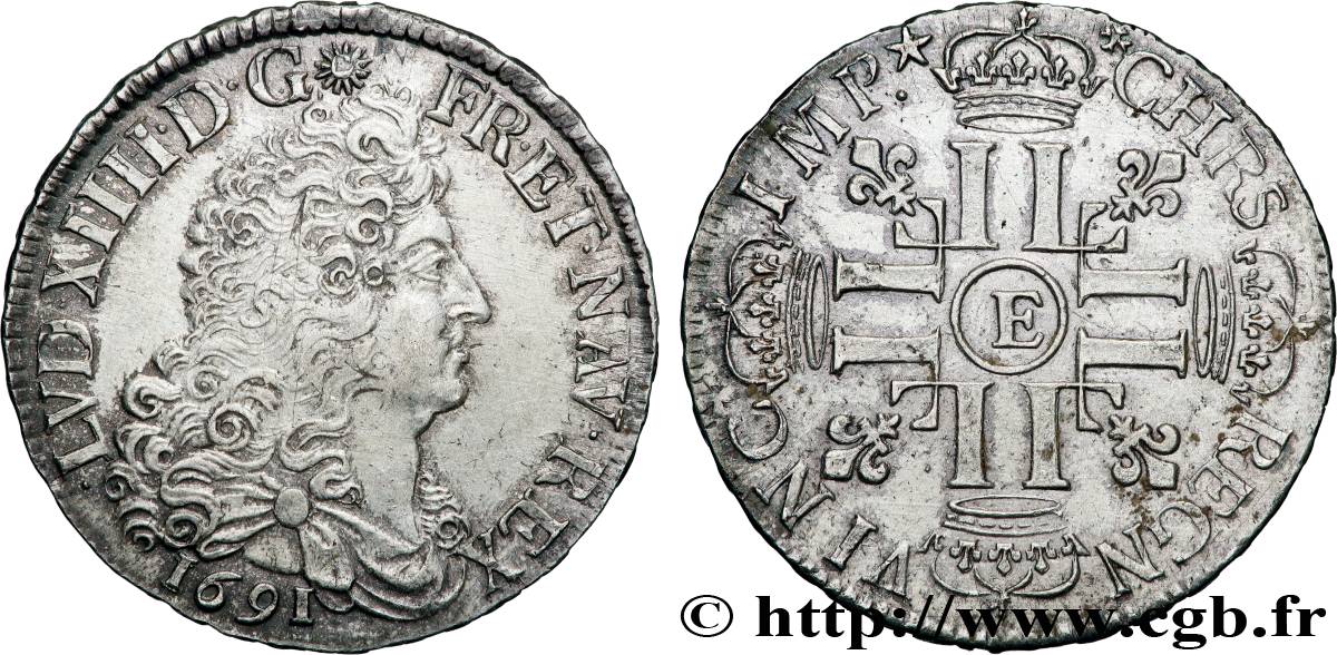 LOUIS XIV  THE SUN KING  Demi-écu aux huit L, 1er type 1691 Tours AU