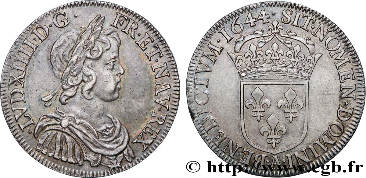 LOUIS XIV  THE SUN KING  Demi-écu, portrait à la mèche courte 1644 Paris, Monnaie du Louvre AU