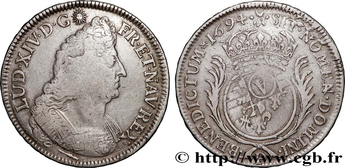 LOUIS XIV  THE SUN KING  Écu aux palmes 1694 Dijon VF/XF