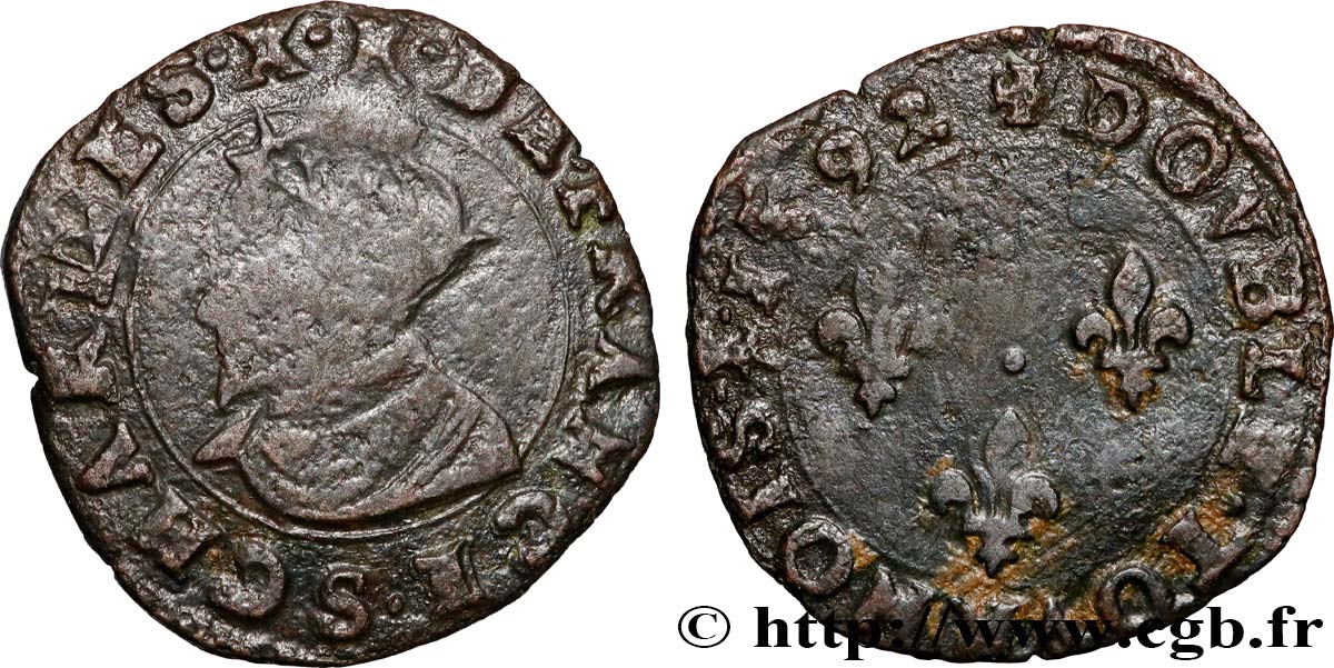 CHARLES X, CARDINAL OF BOURBON Double tournois, type de Troyes 1592 Troyes VF