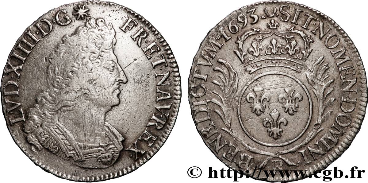 LOUIS XIV  THE SUN KING  Demi-écu aux palmes 1693 Rouen XF