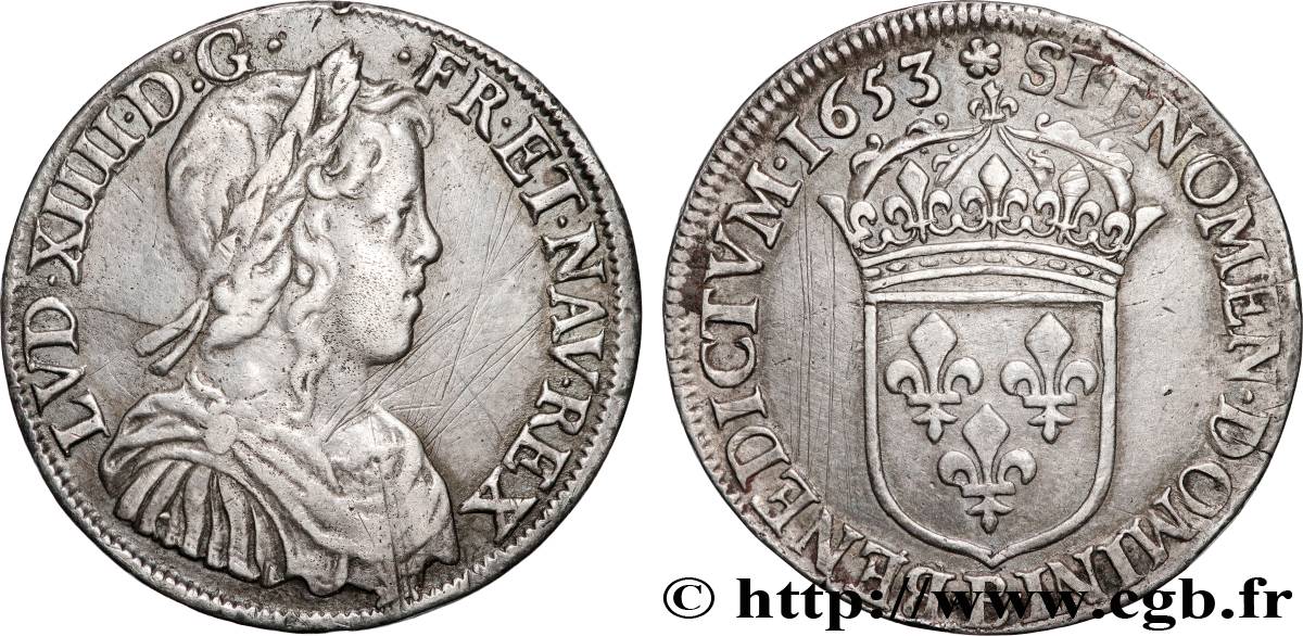 LOUIS XIV  THE SUN KING  Demi-écu, portrait à la mèche longue 1653 Rouen MBC