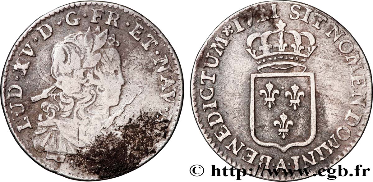 LOUIS XV THE BELOVED Sixième d écu de France 1721 Paris VF