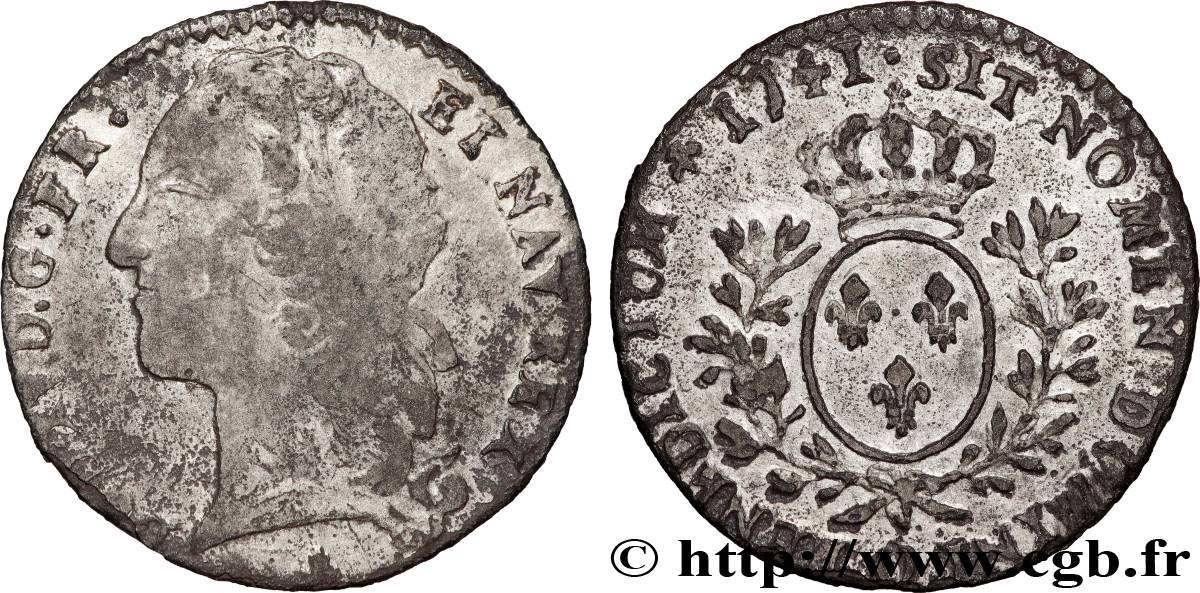 LOUIS XV DIT LE BIEN AIMÉ Dixième d écu aux branches d’olivier, tête ceinte d’un bandeau 1741 Riom TB+/TTB+