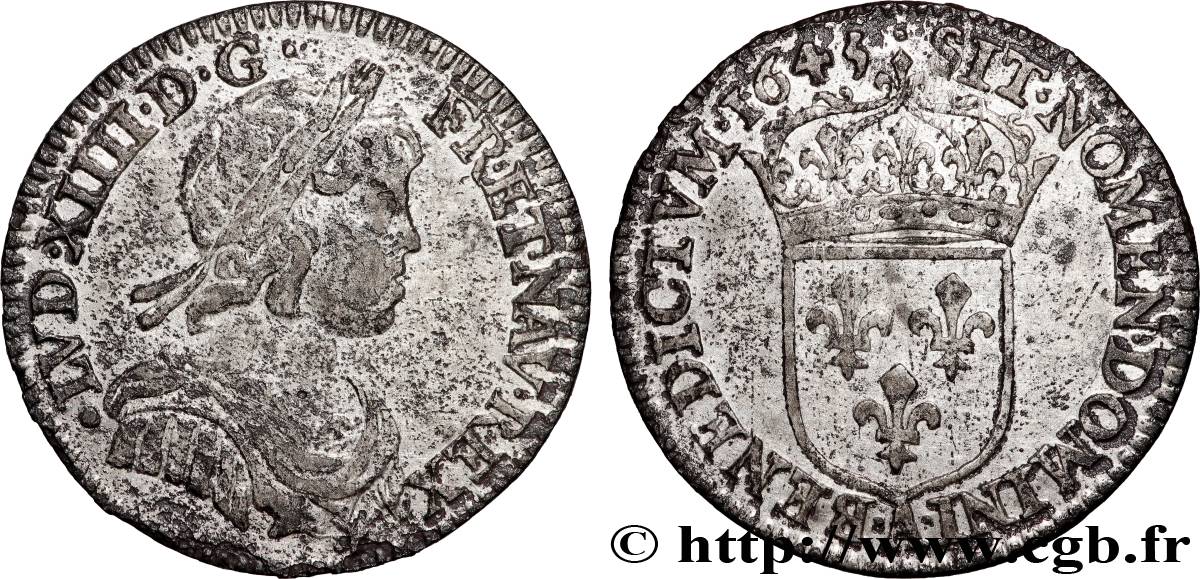 LOUIS XIV LE GRAND OU LE ROI SOLEIL Douzième d écu, portrait à la mèche courte 1645 Paris, Monnaie du Louvre TTB