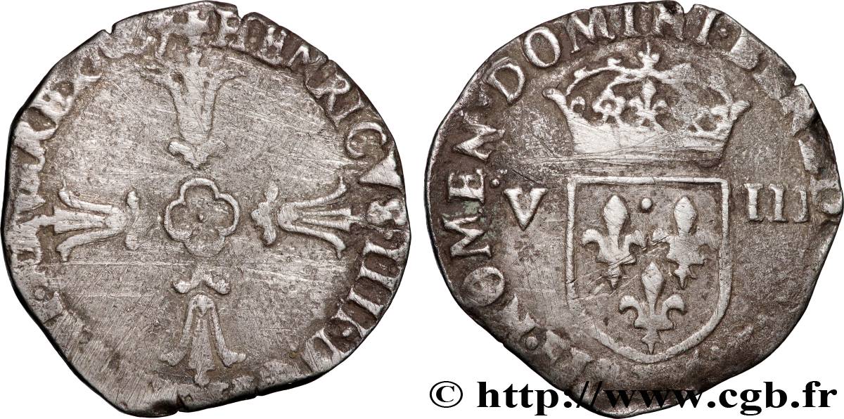 HENRI IV LE GRAND Huitième d écu, croix feuillue de face s.m. Angers TB