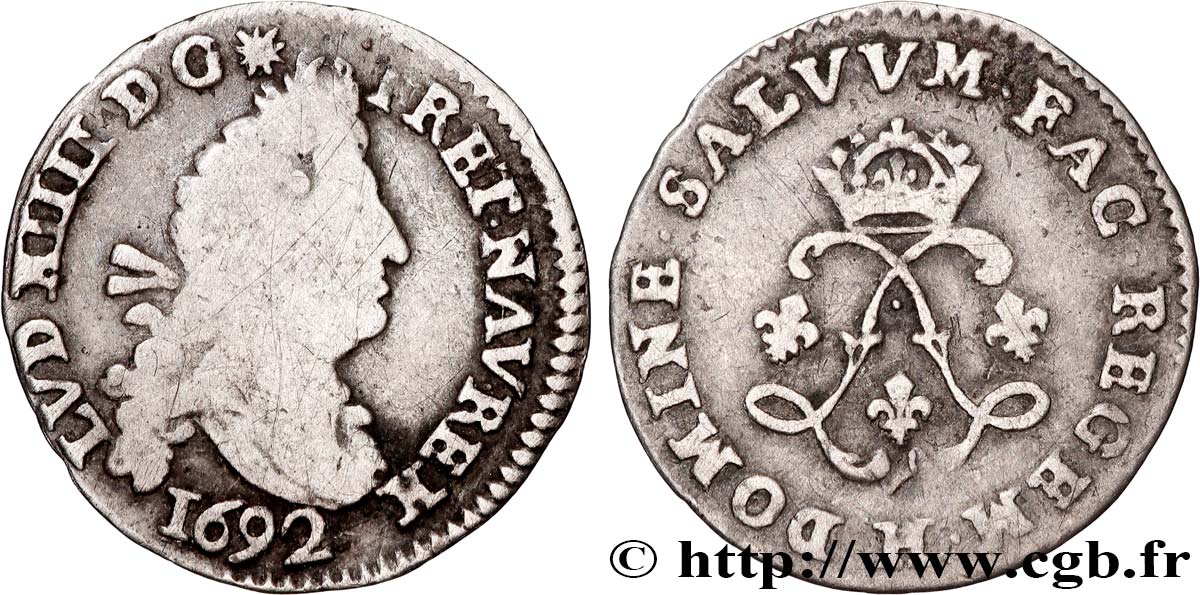 LOUIS XIV LE GRAND OU LE ROI SOLEIL Quatre sols aux deux L 1692 La Rochelle TB/TB+