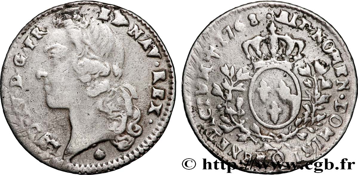 LOUIS XV DIT LE BIEN AIMÉ Cinquième d’écu aux branches d’olivier, tête ceinte d’un bandeau 1768 Perpignan TB+