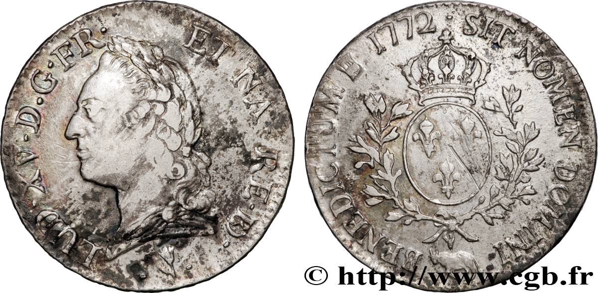 LOUIS XV THE BELOVED Écu aux branches d’olivier, buste lauré 1772 Pau VF/XF