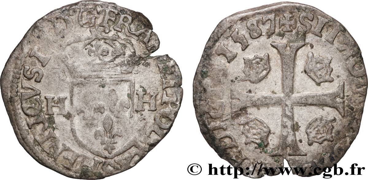 HENRI III Douzain aux deux H, 1er type 1587 Troyes TB+