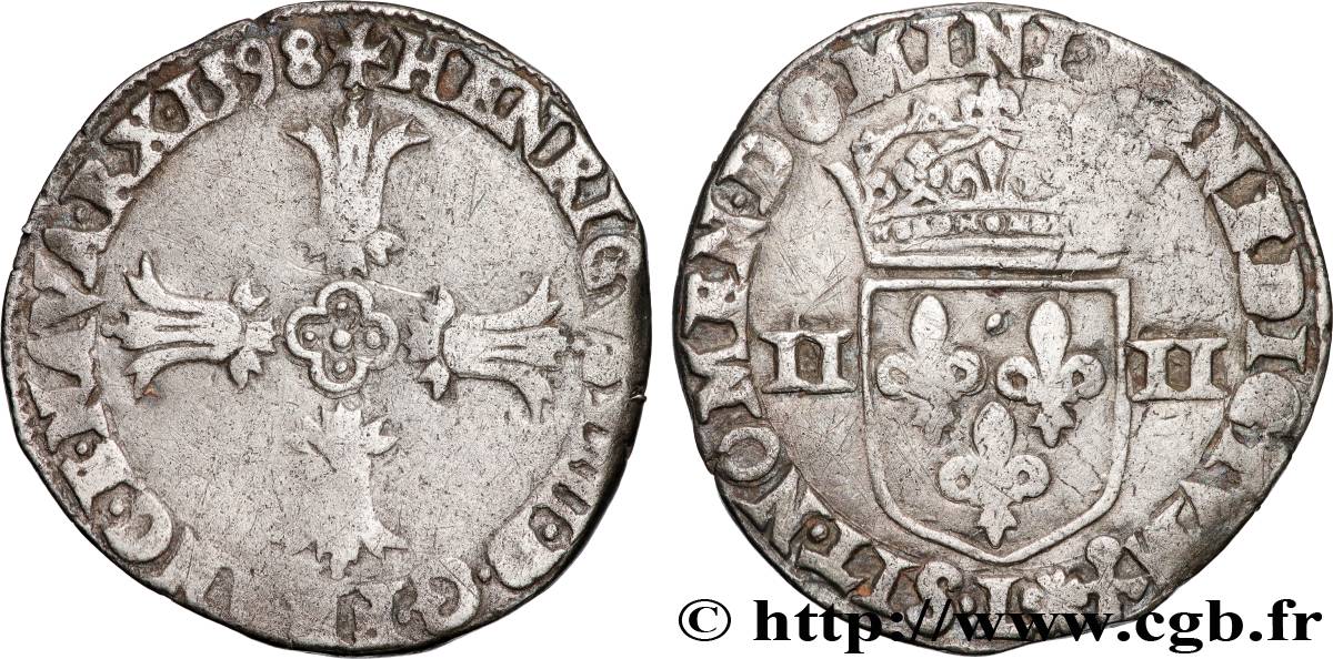 HENRI IV LE GRAND Quart d écu, croix feuillue de face 1598 Bayonne TTB