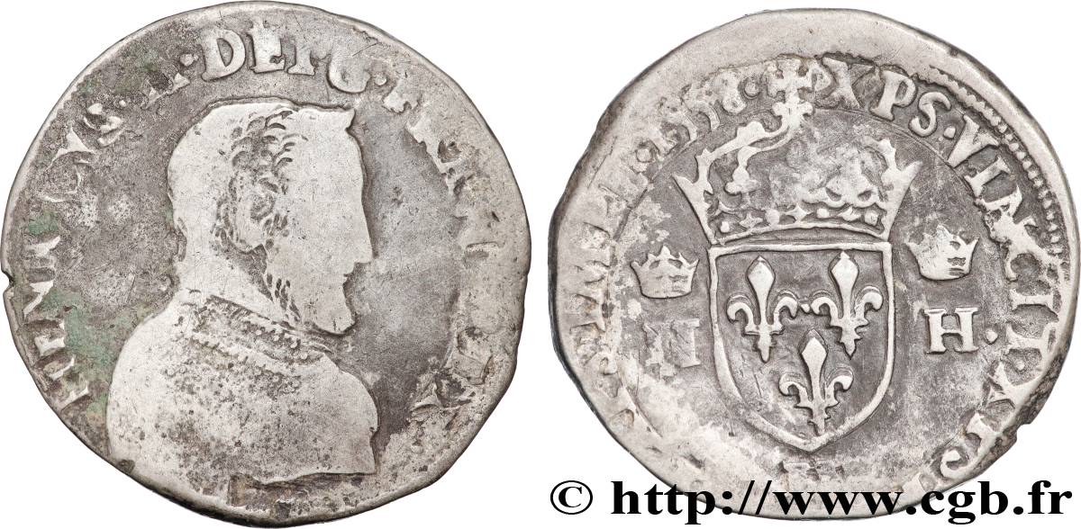 HENRI II Teston à la tête nue, 1er type 1558 La Rochelle B/TB