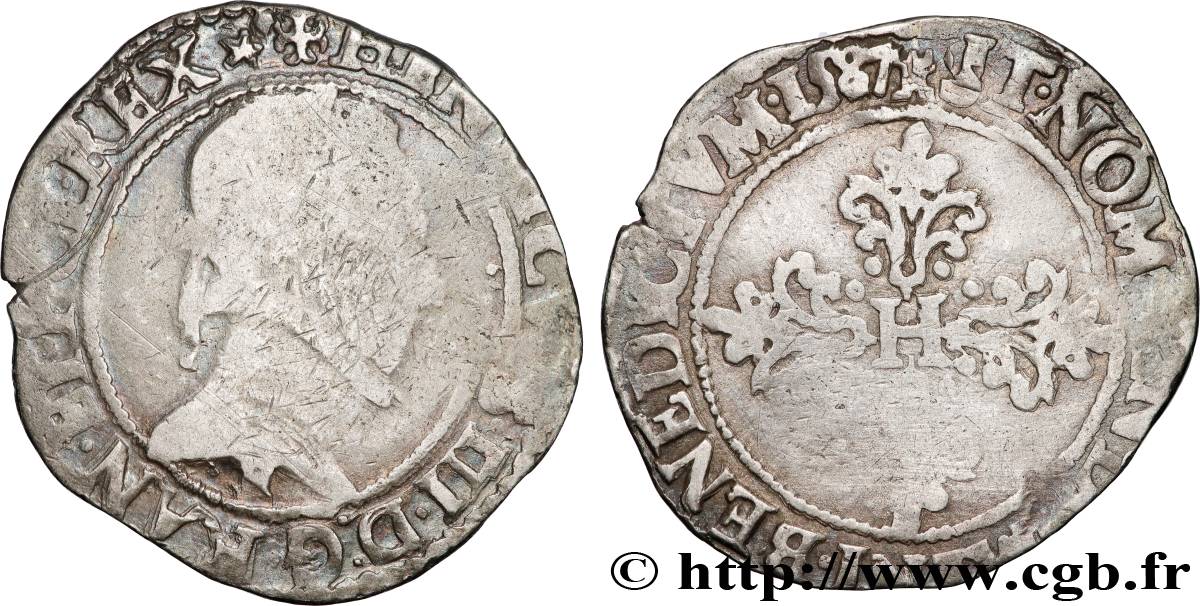 HENRI III Demi-franc au col plat 1587 Tours B+/TB